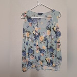 Corvia Floral Sleeveless Blouse Womens XL Blue Yellow Pleated Lightweight Top